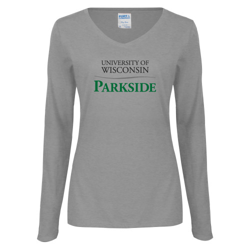  Womens Grey Long Sleeve V Neck Tee  - Parkside Wordmark Vertical