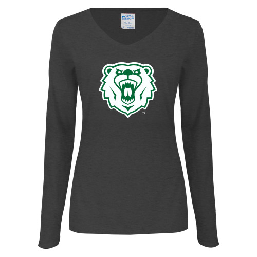  Womens Dark Heather Long Sleeve V Neck Tee  - Athletic Bear Head