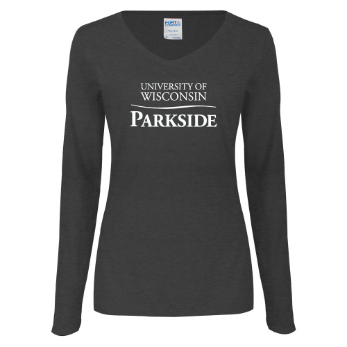  Womens Dark Heather Long Sleeve V Neck Tee  - Parkside Wordmark Vertical