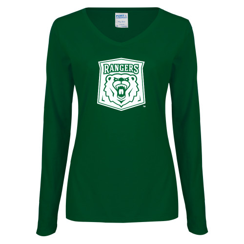  Womens Dark Green Long Sleeve V Neck Tee  - Primary Athletic Mark