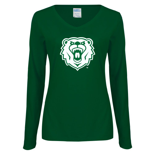  Womens Dark Green Long Sleeve V Neck Tee  - Athletic Bear Head