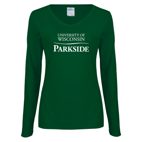  Womens Dark Green Long Sleeve V Neck Tee  - Parkside Wordmark Vertical