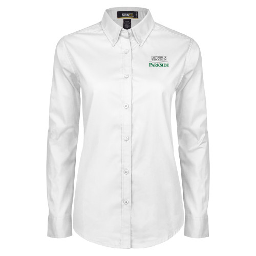  Womens White Twill Button Down Long Sleeve - Parkside Wordmark Vertical