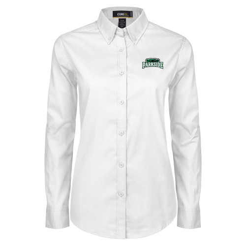  Womens White Twill Button Down Long Sleeve - Parkside w Half Bear