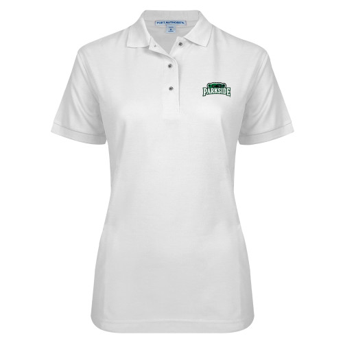  Womens Silk Touch White Pique Polo - Parkside w Half Bear
