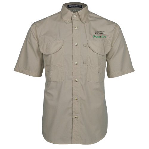  Khaki Fishing Shirt Performance Short Sleeve - Parkside Wordmark Vertical