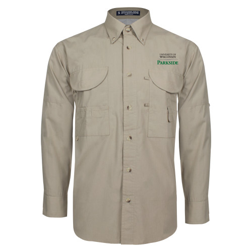  Khaki Fishing Shirt Performance Long Sleeve - Parkside Wordmark Vertical