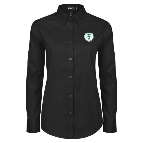  Womens Black Twill Button Down Long Sleeve  - Athletic Bear Head