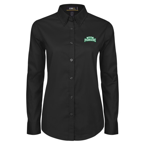  Womens Black Twill Button Down Long Sleeve  - Parkside w Half Bear