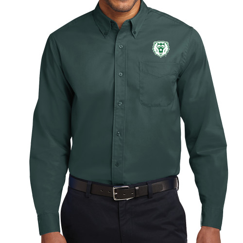  Dark Green Twill Button Down Long Sleeve - Athletic Bear Head