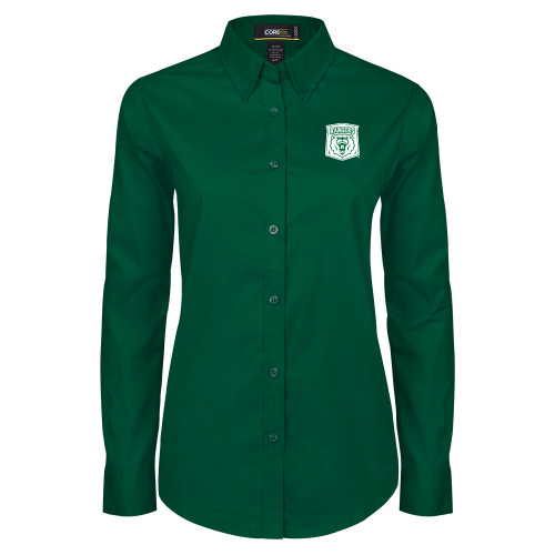  Womens Dark Green Twill Button Down Long Sleeve  - Primary Athletic Mark