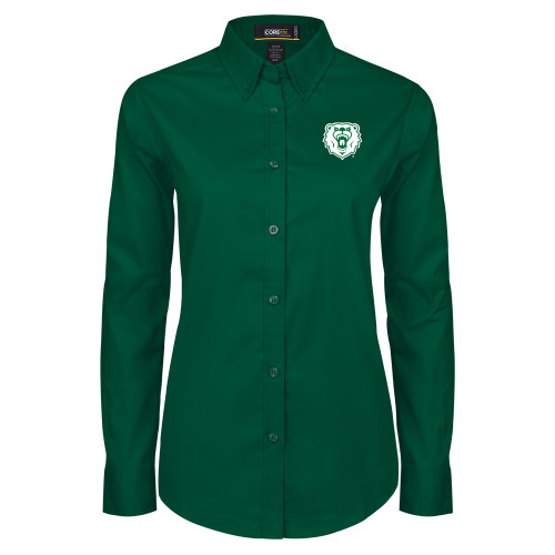  Womens Dark Green Twill Button Down Long Sleeve  - Athletic Bear Head