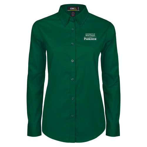  Womens Dark Green Twill Button Down Long Sleeve  - Parkside Wordmark Vertical