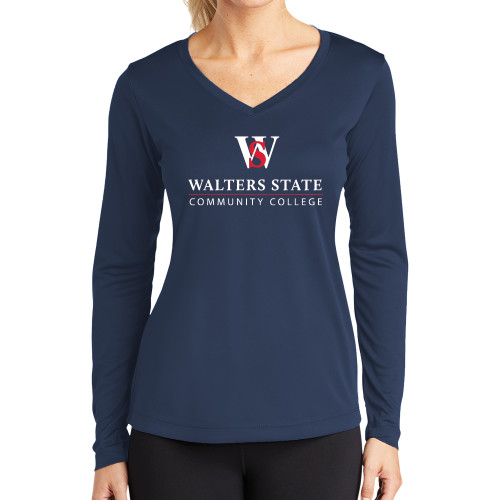  Womens Navy Performance Long Sleeve V Neck Shirt - Primary