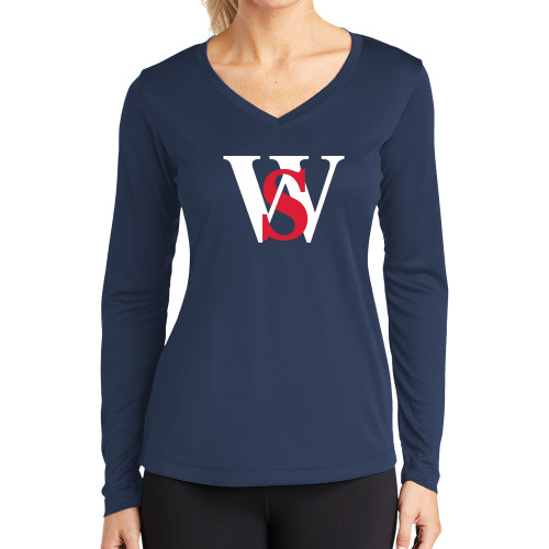  Womens Navy Performance Long Sleeve V Neck Shirt - WS