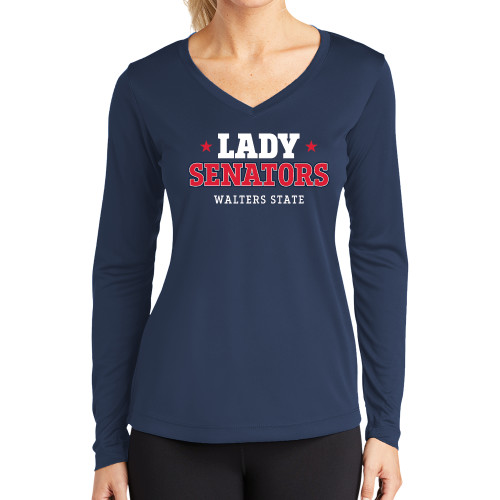  Womens Navy Performance Long Sleeve V Neck Shirt - Lady Senators