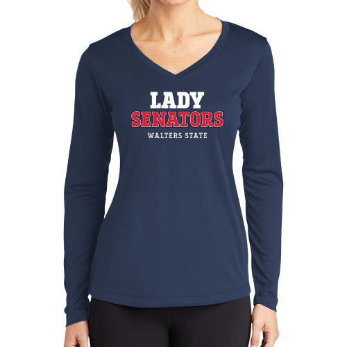  Womens Navy Performance Long Sleeve V Neck Shirt - Lady Senators College