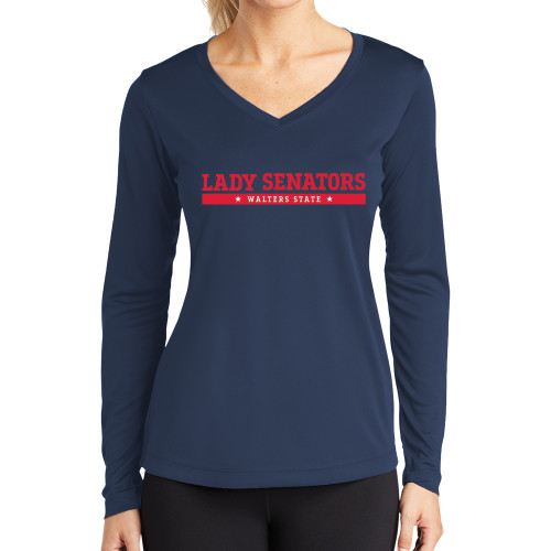  Womens Navy Performance Long Sleeve V Neck Shirt - Lady Senators Bar