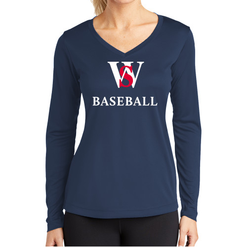  Womens Navy Performance Long Sleeve V Neck Shirt - WS