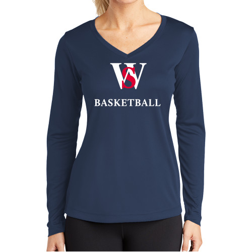  Womens Navy Performance Long Sleeve V Neck Shirt - WS
