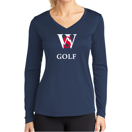  Womens Navy Performance Long Sleeve V Neck Shirt - WS