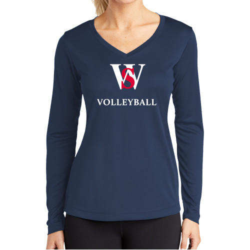  Womens Navy Performance Long Sleeve V Neck Shirt - WS