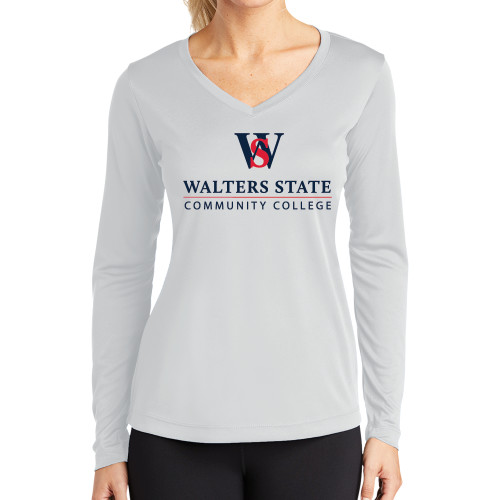  Womens White Performance Long Sleeve V Neck Shirt - Primary