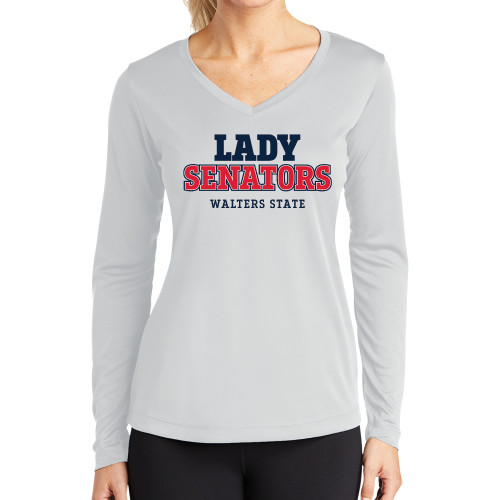  Womens White Performance Long Sleeve V Neck Shirt - Lady Senators College