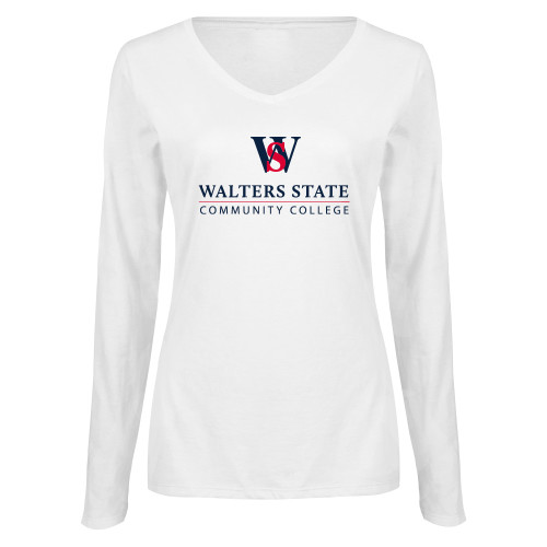  Womens White Long Sleeve V Neck Tee - Primary
