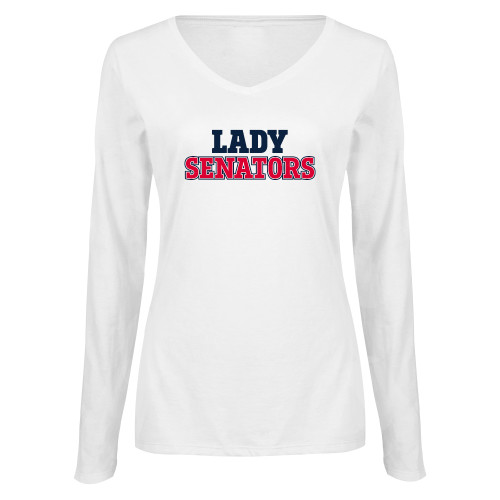 Womens White Long Sleeve V Neck Tee - Lady Senators