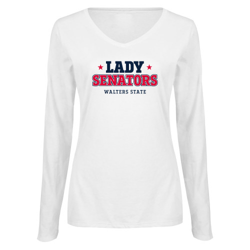  Womens White Long Sleeve V Neck Tee - Lady Senators