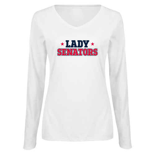  Womens White Long Sleeve V Neck Tee - Lady Senators