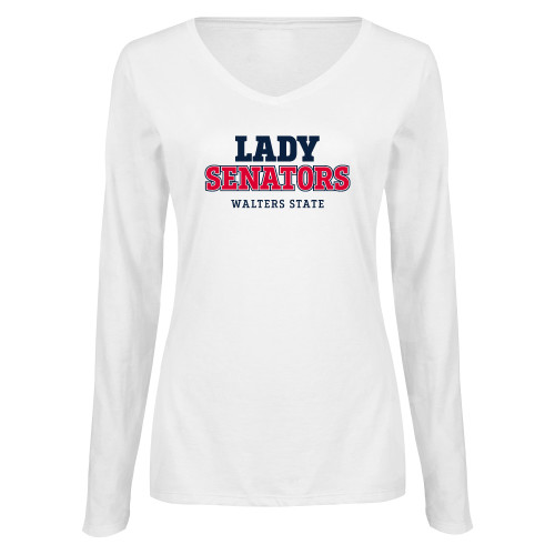  Womens White Long Sleeve V Neck Tee - Lady Senators College