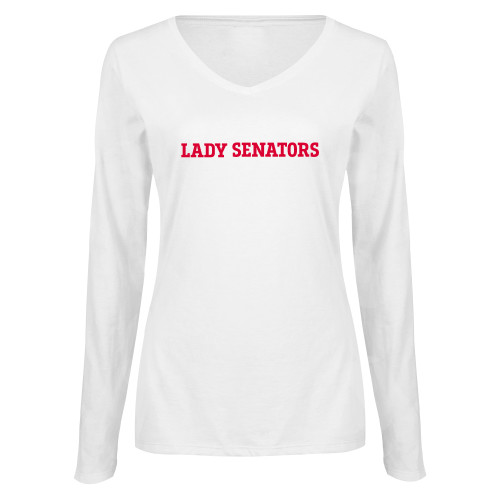  Womens White Long Sleeve V Neck Tee - Lady Senators