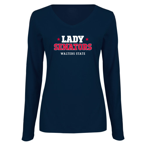  Womens Navy Long Sleeve V Neck Tee - Lady Senators