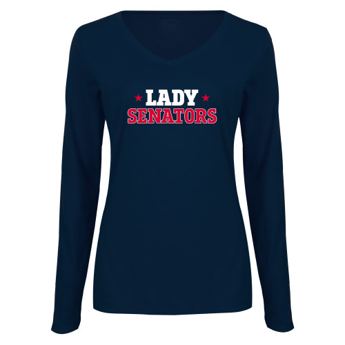  Womens Navy Long Sleeve V Neck Tee - Lady Senators