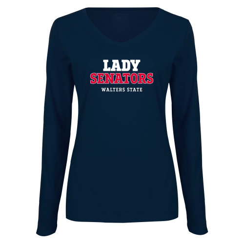  Womens Navy Long Sleeve V Neck Tee - Lady Senators College