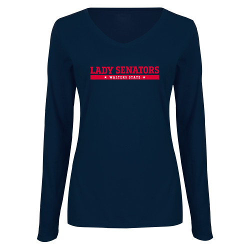  Womens Navy Long Sleeve V Neck Tee - Lady Senators Bar