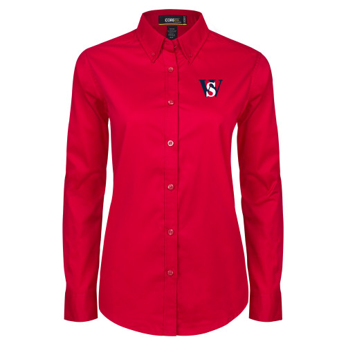  Womens Red Twill Button Down Long Sleeve  - WS