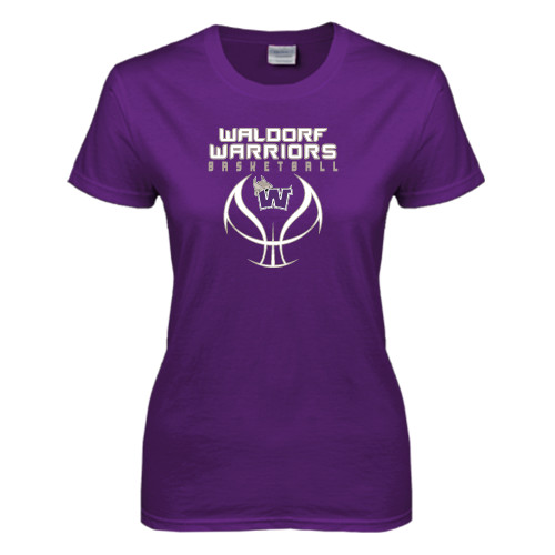  Womens Purple Short Sleeve Tee - Basketball Stacked Design