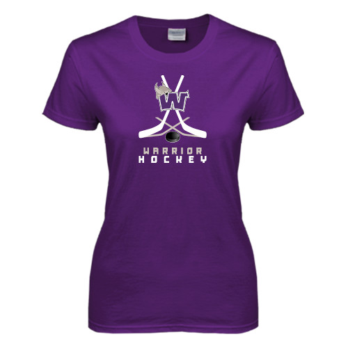  Womens Purple Short Sleeve Tee - Hockey Sticks Design