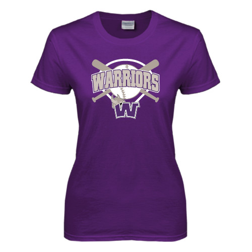  Womens Purple Short Sleeve Tee - Softball Bats and Plate Design