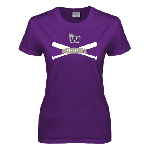  Womens Purple Short Sleeve Tee - Baseball Crossed Bats Design