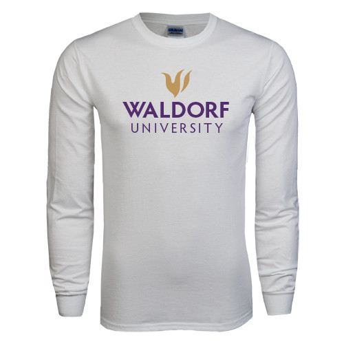  White Long Sleeve T Shirt - Waldorf University Academic Mark Stacked