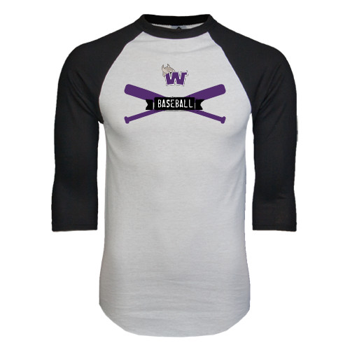  White/Black Raglan Baseball T Shirt - Baseball Crossed Bats Design