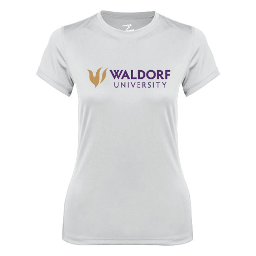  Womens White Performance Tee - Waldorf University Academic Mark Flat