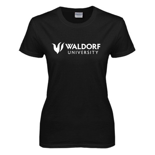 Womens Black Short Sleeve Tee - Waldorf University Academic Mark Flat