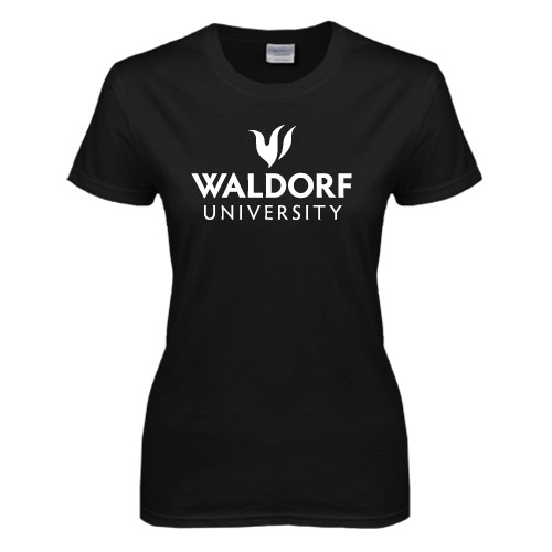  Womens Black Short Sleeve Tee - Waldorf University Academic Mark Stacked
