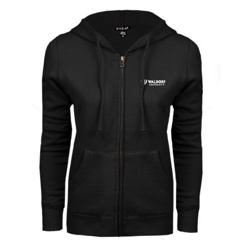  ENZA Womens Black Fleece Full Zip Hoodie - Waldorf University Academic Mark Flat