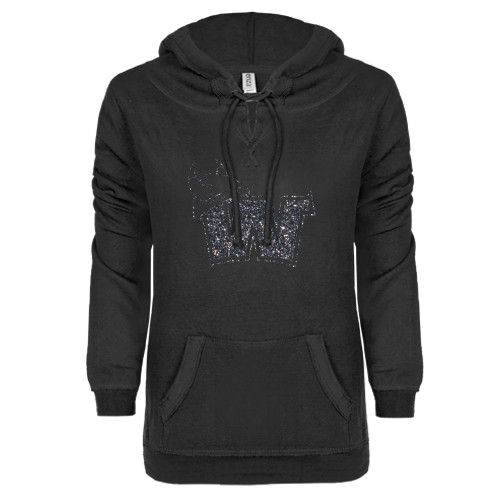  ENZA Womens Black V Notch Raw Edge Fleece Hoodie - Waldorf W